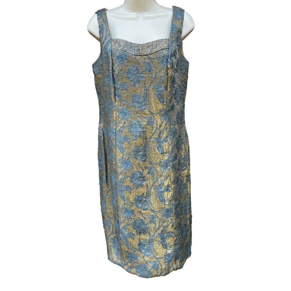 Coldwater Creek Size 6 Blue Gold Jacquard Fabric Dress Beaded Neckline Formal